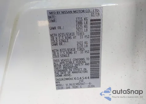 2019 Nissan Pathfinder Sv из США, поврежденный, VIN 5N1DR2MM0KC614544